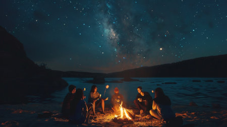The shadow of a group of friends sitting around a campfire, roasting marshmallows under the stars.の素材