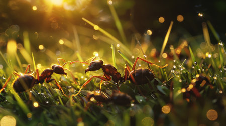 Ants exploring a sunlit patch of grass, basking in the warmth and soaking up the light.の素材