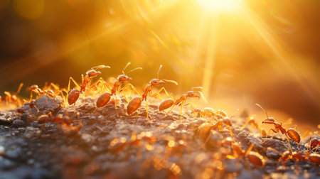 Close-up of ants marching towards a beam of sunlight, symbolizing their quest for warmth and energy.の素材
