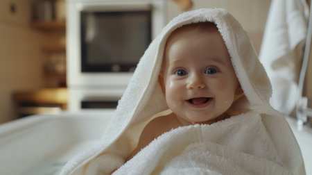 A baby wrapped in a soft towel after a bath, with a fresh and clean look, and a happy smile.の素材