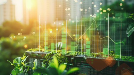 A sustainability impact assessment with bar charts illustrating carbon emissions reduction and renewable energy usage.の素材