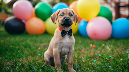 A puppy with a bow tie, sitting on a lawn with a backdrop of colorful balloons, looking ready for a party.の素材
