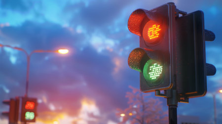 Traffic lights with digital displays showing current weather conditions and temperatureの素材
