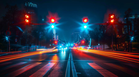 Night view of illuminated traffic lights against a cityscape with streaks of passing car lightsの素材