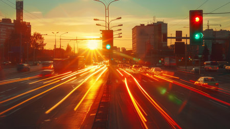 Traffic lights at a highway intersection during sunset with vehicles moving in different directions.の素材