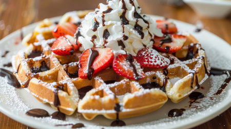 Freshly baked Belgian waffles topped with whipped cream, strawberries, and drizzled with chocolate sauce.の素材