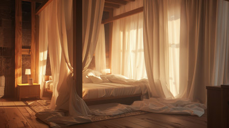 Romantic bedroom interior with canopy bed and flowing white curtains, creating a dreamy and serene atmosphere.の素材