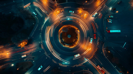 Traffic lights at a roundabout guiding cars through the circular intersection smoothly.の素材