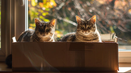 Two cats sitting inside a flattened cardboard box, using it as a makeshift sunbathing spot by the window.の素材