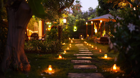 A candlelit pathway in a garden at night, leading to a romantic outdoor seating areaの素材