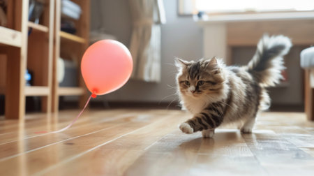 A cat chasing a balloon across a hardwood floor, sliding and darting around with enthusiasmの素材