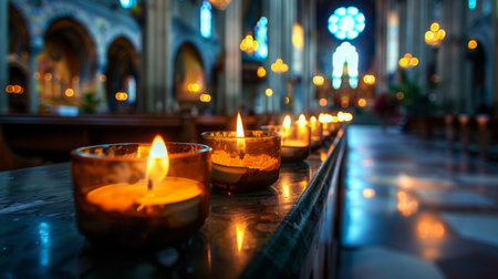 A group of candles burning brightly in a church, creating a serene and peaceful atmosphereの素材