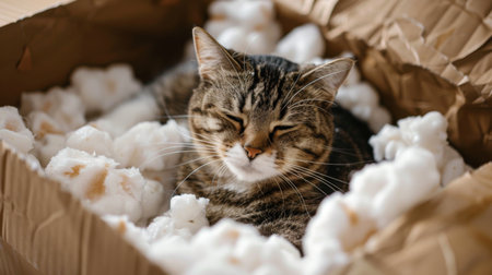 A cat relaxing in a box surrounded by packing peanuts, looking extremely cozyの素材