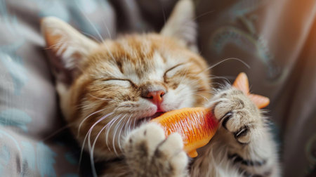 A cat savoring a fish-shaped treat, holding it with its paws and chewing contentedlyの素材