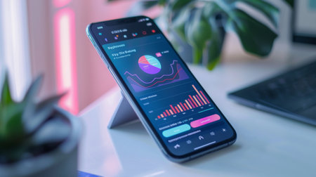 A smartphone displaying a mobile banking app with graphical representations of expenses and incomeの素材