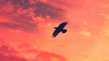 A bird in flight, its silhouette cutting through the orange and pink hues of a twilight skyの素材