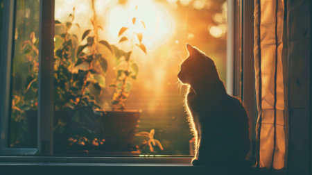 A cat sitting on a windowsill, its silhouette framed by the window and the setting sun outsideの素材