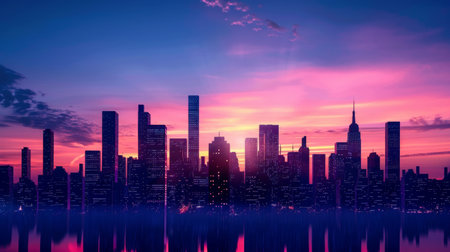 A dramatic skyline of a capital city at dawn, with towering skyscrapers silhouetted against the morning skyの素材
