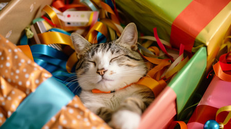 A cat dozing off in a colorful gift box, with wrapping paper and ribbons scattered aroundの素材