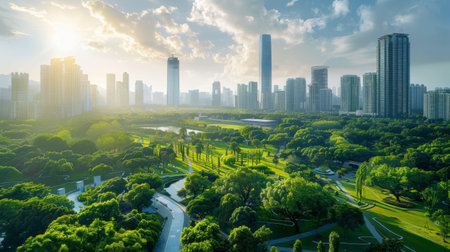 A cityscape with skyscrapers surrounded by lush green parks, blending nature with urban architectureの素材