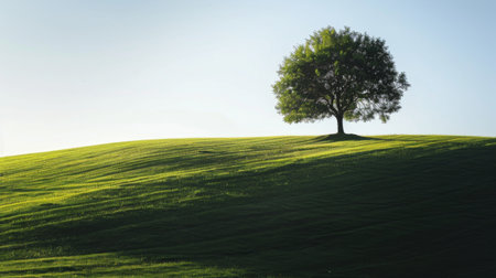 A lone tree casting a long shadow on a grassy hill at dawn, creating a peaceful and tranquil sceneの素材