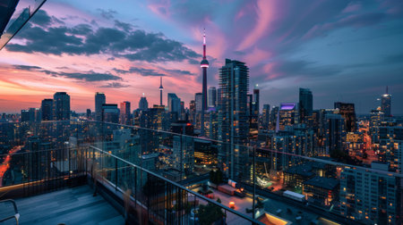 A skyline view from a rooftop bar, featuring the tallest buildings of the capital city against a twilight skyの素材