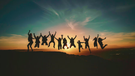 A group of friends jumping in unison, their silhouettes captured against a colorful skyの素材