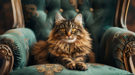 A fluffy cat sitting regally on a vintage armchair, looking straight at the camera with a calm expressionの素材