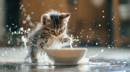 A kitten playfully pawing at a bowl of milk, splashing a little while trying to drinkの素材