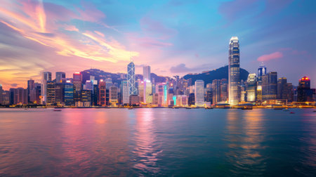 A skyline shot featuring iconic high-rise buildings in the central business district of a major cityの素材