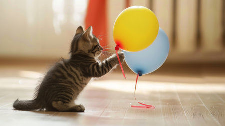 A playful kitten batting at a colorful balloon with its paw, looking excited and curiousの素材