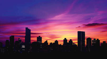The silhouette of a city skyline at dusk, with the buildings outlined against a colorful evening skyの素材
