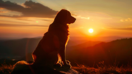 A silhouette of a dog sitting and looking out over a scenic landscape as the sun setsの素材