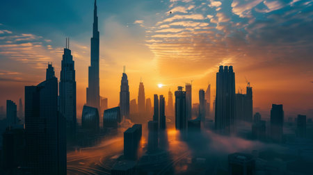 A dramatic skyline of a capital city at dawn, with towering skyscrapers silhouetted against the morning skyの素材