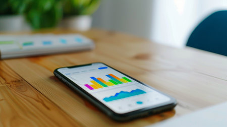 A smartphone screen displaying a budgeting app with colorful graphs depicting spending habitsの素材