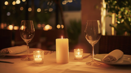 A romantic dinner setting with candles providing soft, intimate lighting on the dining tableの素材