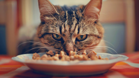 An adult cat savoring a dish of wet cat food, with a satisfied expression on its faceの素材