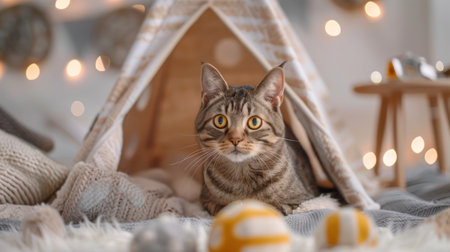 A cat sitting inside a designer cat tent, with cozy blankets and toys around.の素材