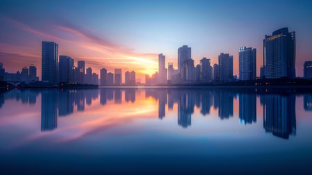 A high-rise building skyline reflected perfectly in a river at dawn, creating a peaceful urban scene.の素材