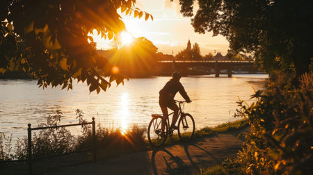 A cyclist's silhouette riding along a riverside path during the golden hour.の素材