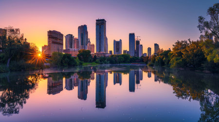 A high-rise building skyline reflected perfectly in a river at dawn, creating a peaceful urban scene.の素材