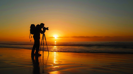 A silhouette of a photographer capturing the sunset on a beach.の素材