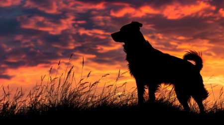 The silhouette of a dog standing on a hill, with a colorful sunset in the background.の素材