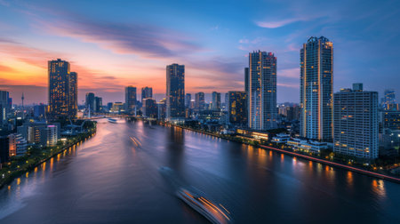 A cityscape featuring high-rise buildings along a river at twilight, with lights starting to twinkle.の素材