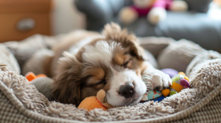 A fluffy puppy sleeping peacefully in a pet bed, with toys scattered around.の素材