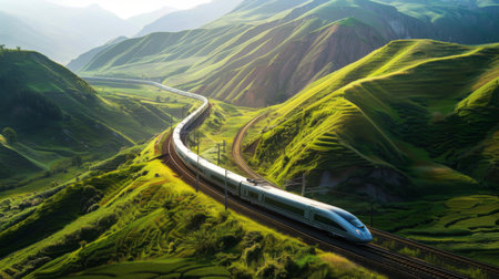 A high-speed train navigating a winding mountain pass, with lush green hills all around.の素材