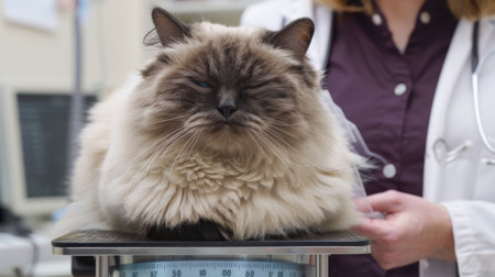 A round, fluffy cat being weighed on a scale at the vet, with the veterinarian smiling beside it.の素材