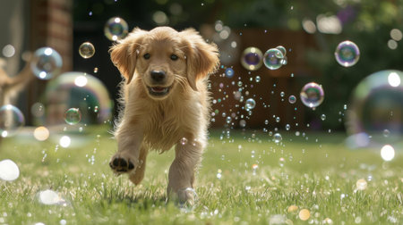 A playful puppy chasing bubbles in a backyard, jumping and having fun.の素材
