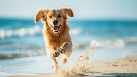 A playful dog running on the beach, ears flapping in the wind and a joyful expression on its face.の素材