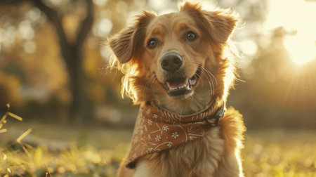 An adorable dog sitting in a sunny park, wearing a bandana and looking up at the camera with big, bright eyes.の素材